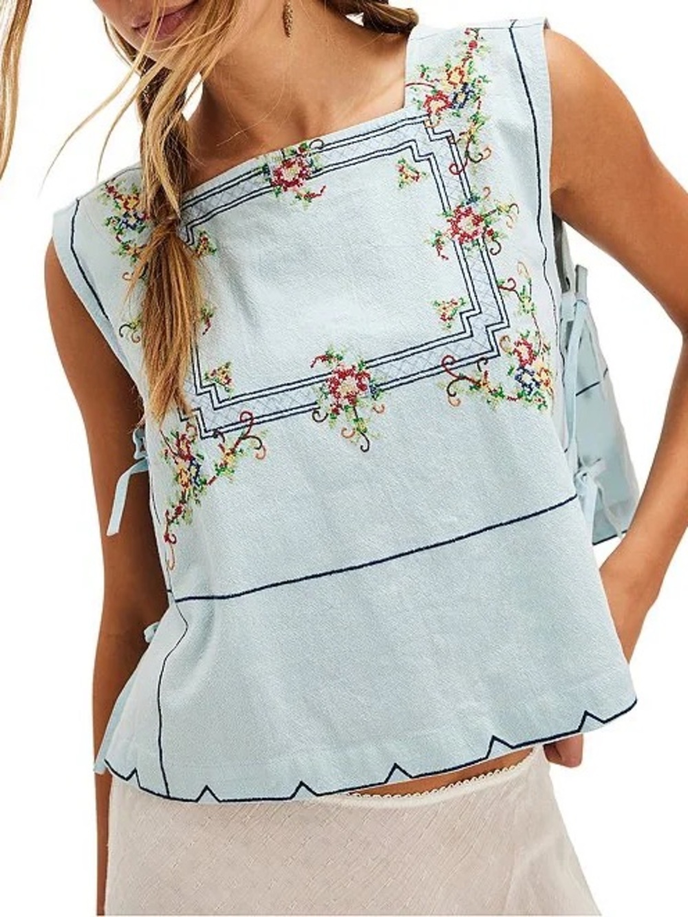 Free People Garden Wall Embroidered Square Neck Sleeveless Top
